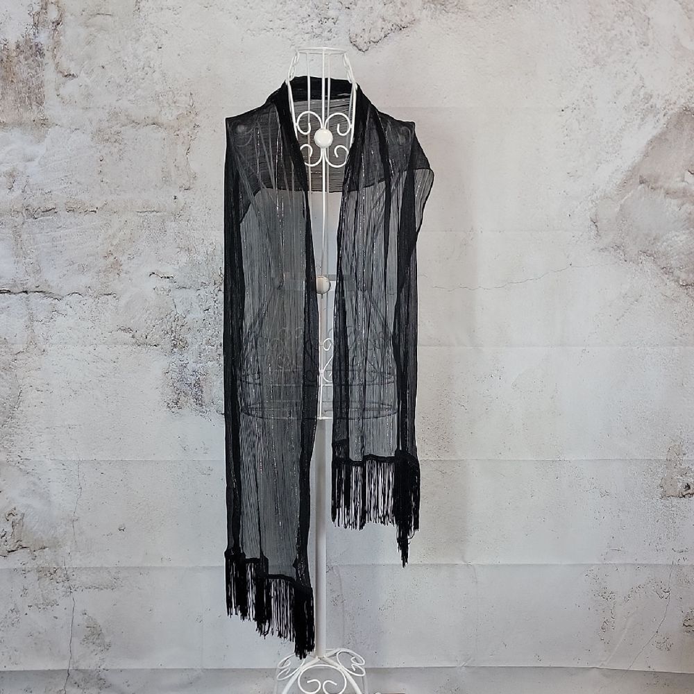 Mix It Scarf Or Wrap Black Sheer Metallic Thread With Fringe 17" X 72"